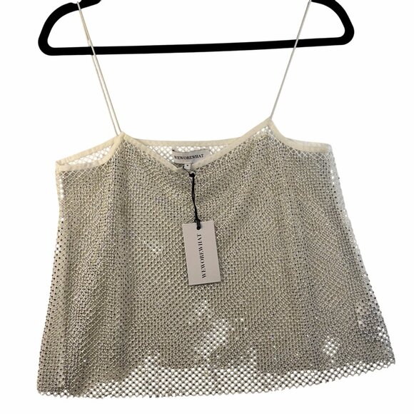 WEWOREWHAT Womens Crystal Mesh Cami Size M in White Crystal Sheer Top - Picture 9 of 10